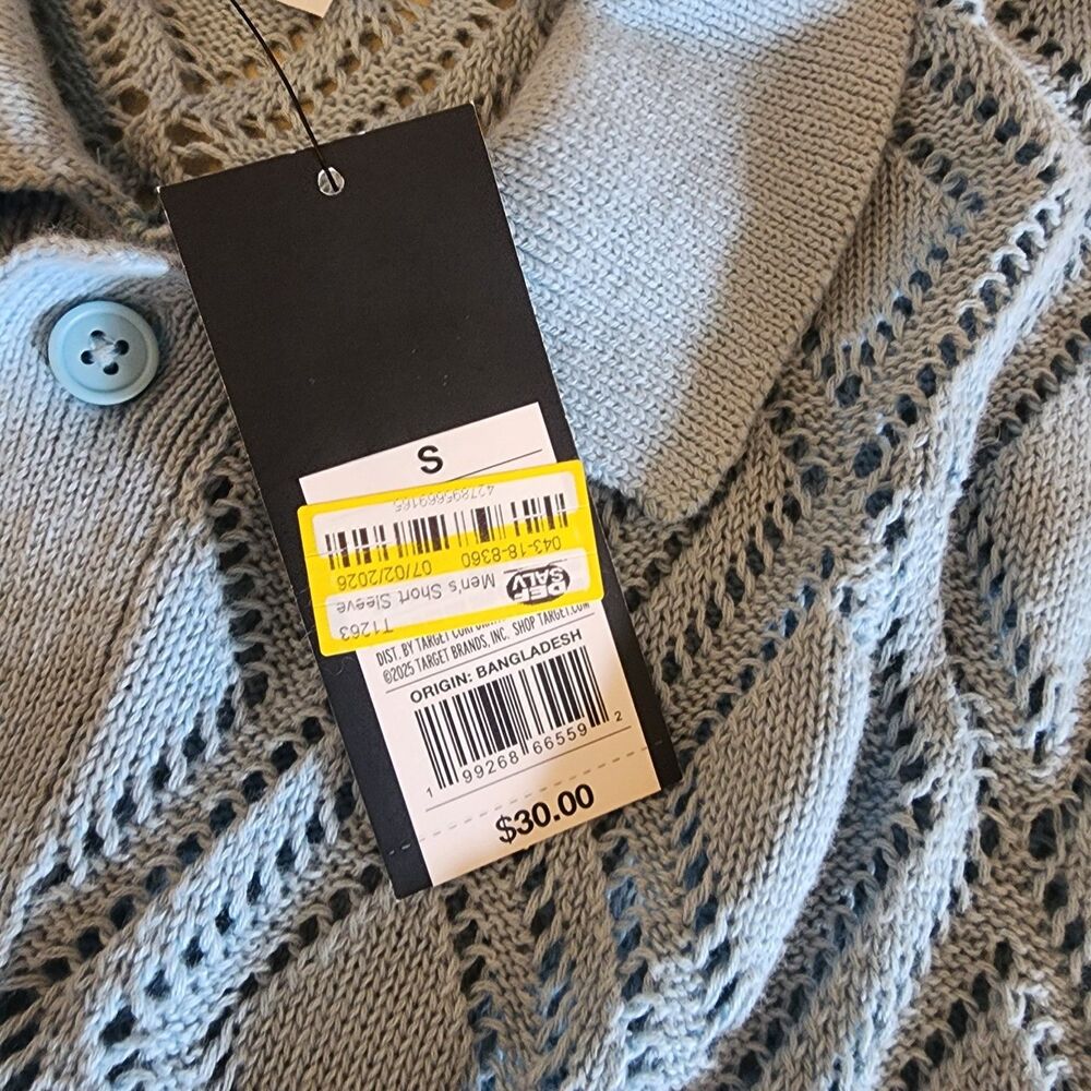 Original Use Mens Blue Crochet Open-Knit Button-Front Collared Cotton Cardigan S - Picture 7 of 7